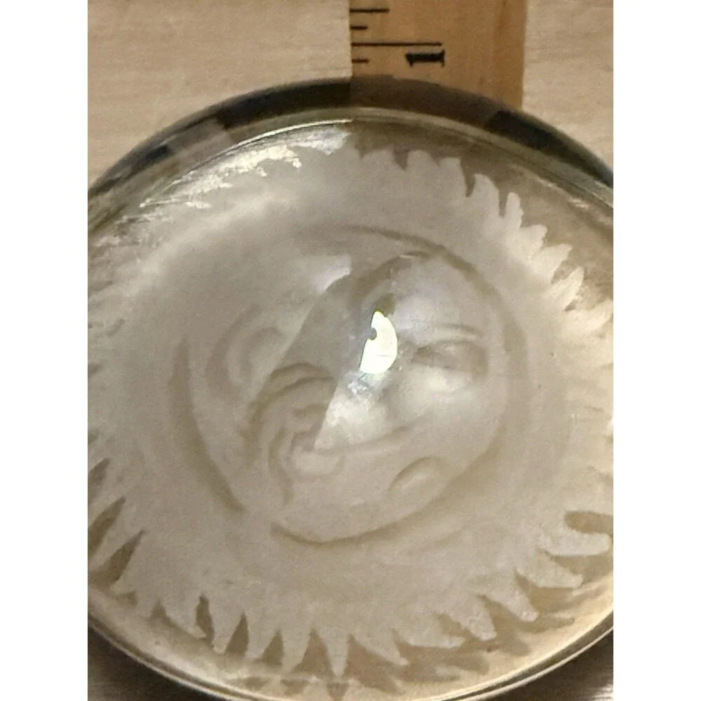 Vintage Glass Dome Paperweight Celestial Sun Face Etched 4